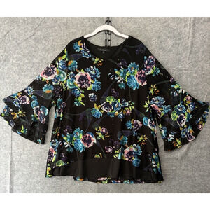 Calessa Blouse Tunic Womens Sz‎ 2X Black Floral Lace Overlay Ruffle Sleeves